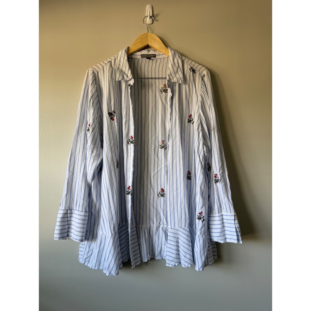 Jessica London Button Down 22W Striped Floral Embroidered Ruffle Hem